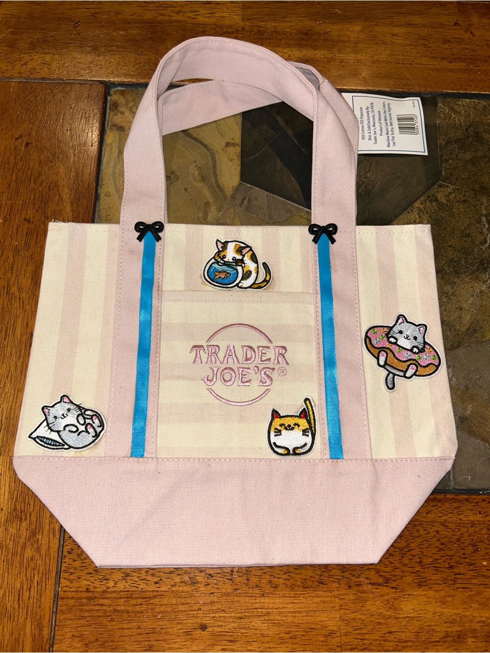 Upcycled Trader Joe's Pink Stripe Canvas Tote with Cat Patches